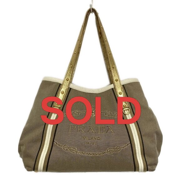 PRADA Logo Jacquard Beige Gold Cream Nylon Jacquard Leather -303-063025 - Picture 1 of 8